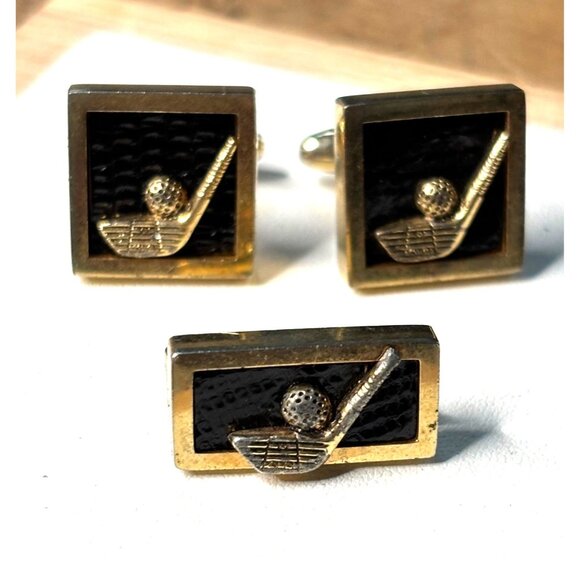 Vintage Golf-Themed Gold-Toned Cufflinks & Tie Clip Set In Black Textured Enamel - Picture 1 of 6